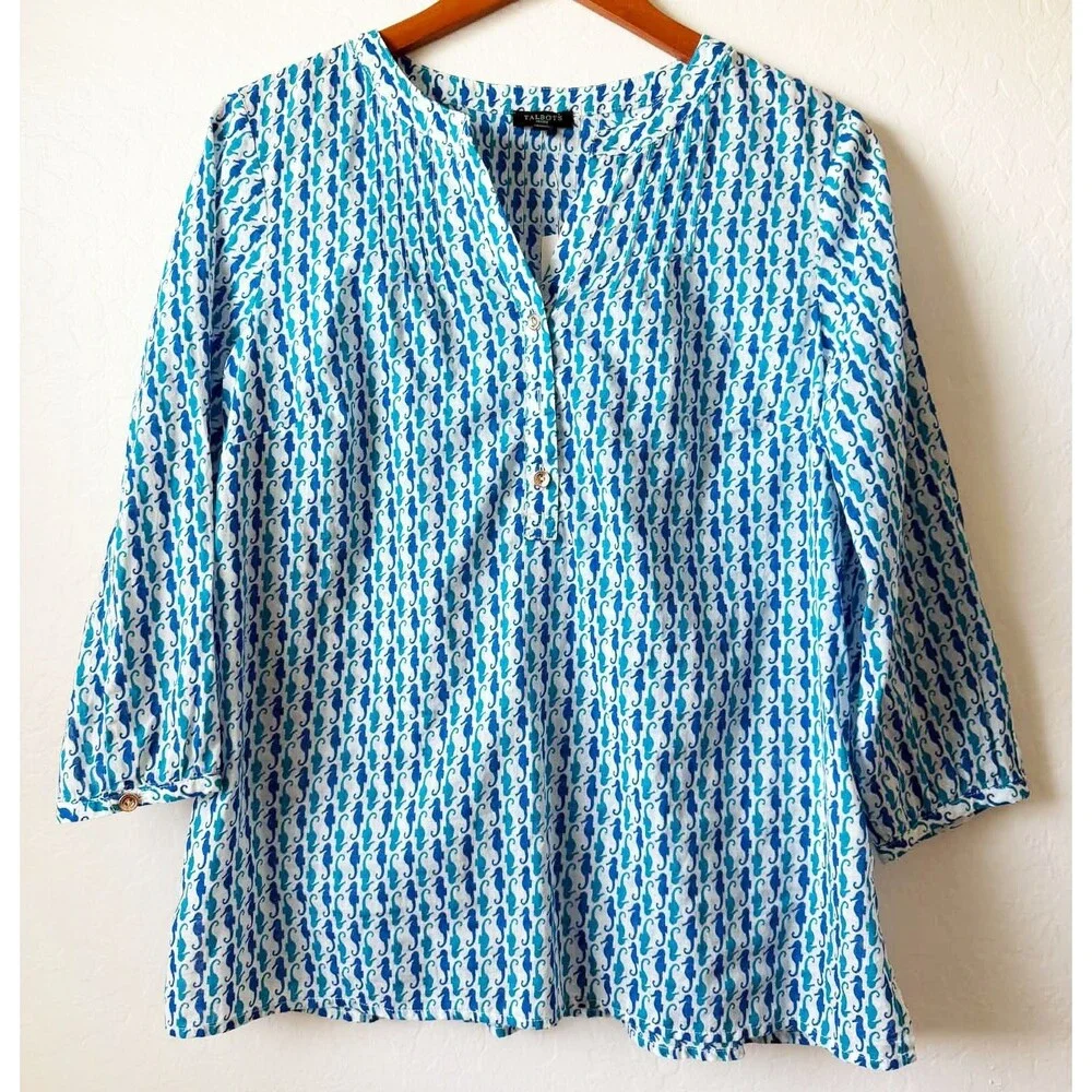 NWT TALBOTS MP Medium Petite Popover Tunic Top Seahorse Print Blue Beachy Cotton
